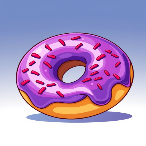Create a colorful illustration of a donut with a purple icing and red sprinkles, using a DSLR camera with a 50mm lens, aperture set to f/2.8, ISO 200, and a soft focus background for enhanced image quality.