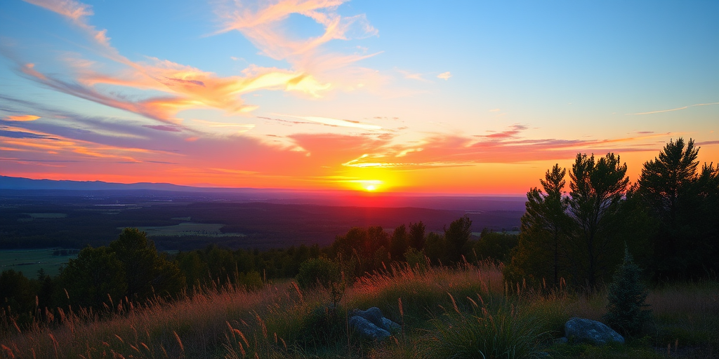 Create a high-resolution image of a scenic landscape at sunset with vibrant colors, using a DSLR camera, aperture f/8, ISO 100, 24mm lens, in HDR mode and a wide-angle view for enhanced depth.