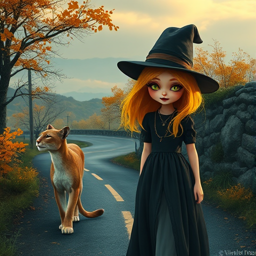digital art fantasy depicting a strange girl with Yellow hair, long eyelashes, black lipstick and a tall hat walking along a winding road on an autumn afternoon, an Puma smiles as she passes
