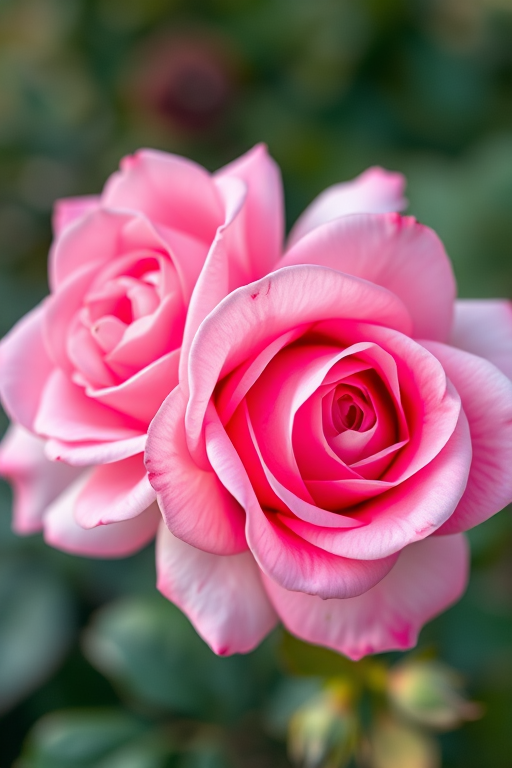 Capture a close-up of two pink roses with a soft focus, using a Canon EOS R, aperture f/2.8, ISO 100, 50mm lens, natural light with a watercolor effect and vibrant color tones.