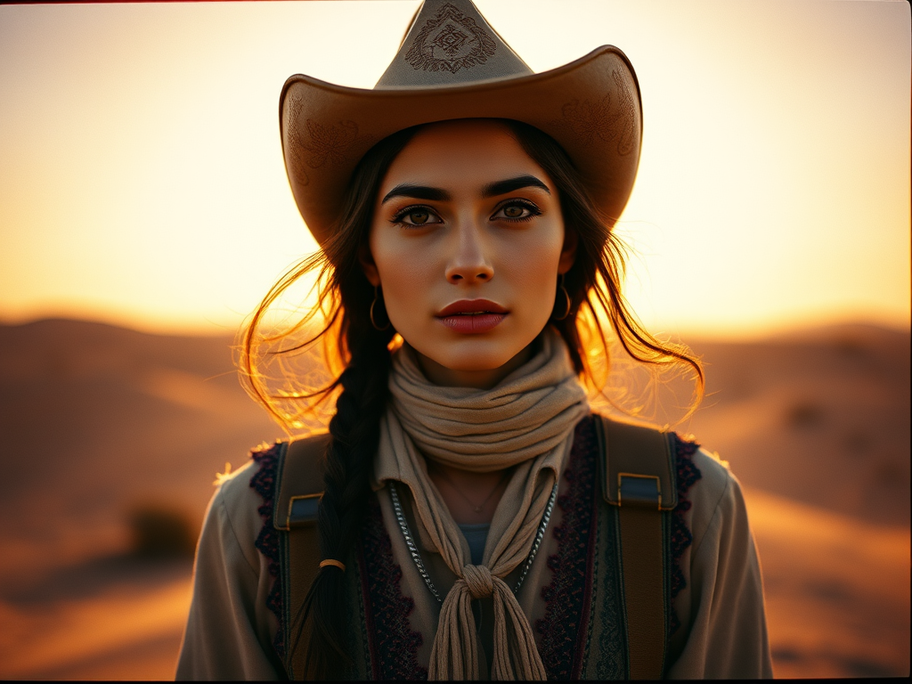Dramatic photo of a beautiful Uyghur woman, classic cowboy attire, confident and free spirit expression, half-length portrait, centered, golden hour desert landscape, warm, diffused light, low angle, medium format film camera, in style of Annie Leibovitz.