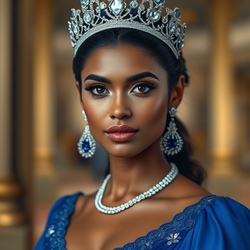 A gorgeous Maori woman in a luxurious blue gown, accessorized with a dazzling tiara and statement earrings, her deep blue eyes highlighted by impeccable makeup, poised in a royal setting, photorealistic, 8K quality