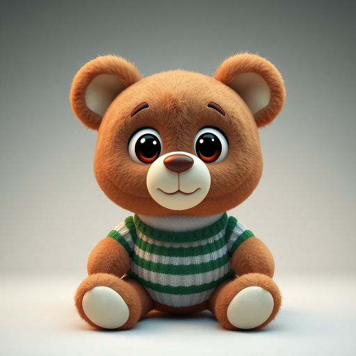 Create a cute cartoon teddy bear character with big expressive eyes, wearing a green and white striped sweater, in a well-lit studio setting, using a DSLR camera, f/2.8 aperture, ISO 100, 50mm lens, 1/125s shutter speed, and a soft-focus background for enhanced image quality.