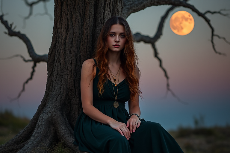 Create a portrait of a melancholic woman with long wavy hair sitting against a gnarled tree, wearing a flowing dark green dress, adorned with necklaces, under a blood-red moon in a twilight sky, using a Canon EOS R5 camera, 50mm lens, f/1.8 aperture, ISO 100, with soft focus and a shallow depth of field to enhance background blur.
