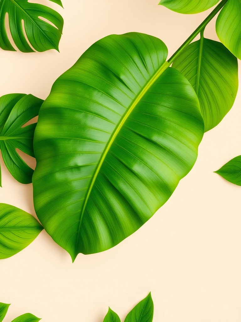 Create a high-resolution tropical leaf pattern with vibrant green foliage on a light beige background, using a Canon EOS R, 50mm lens, aperture f/2.8, ISO 100, shot in macro view to enhance details and textures.