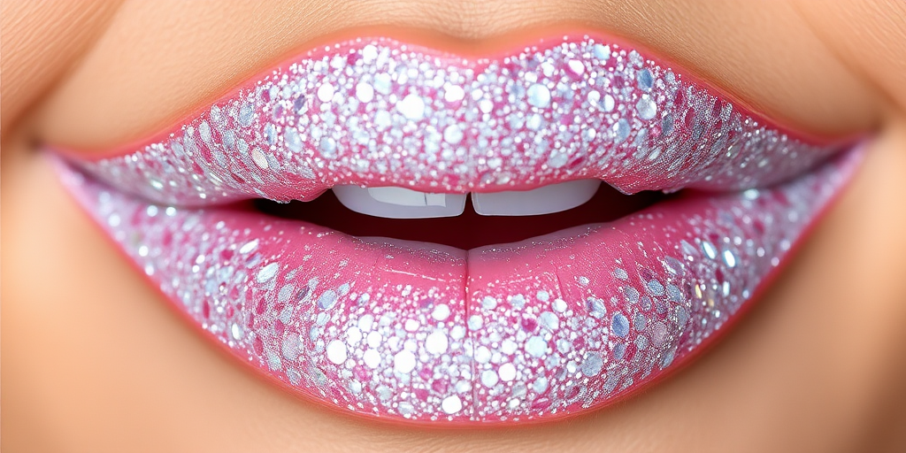 Dazzling "Diamond Dew" lip style features a clear base packed with multi-sized, colorless glitter particles, creating a stunning, light-reflecting effect that mimics precious gems