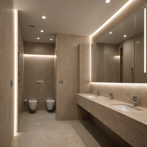 Public bath, basins of Beige granite, large mirror, white door without window, hidden lights in the ceiling walls, gray ceramic walls