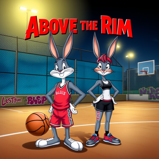 Design an Above the Rim poster featuring Bugs Bunny as Kyle and Lola Bunny as Shep. Bugs is dressed in a basketball jersey and shorts, holding a basketball with a confident expression, while Lola stands beside him in athletic gear, looking determined. The background features an urban basketball court with a wire fence, streetlights, and graffiti. The title "Above the Rim" appears in bold red letters at the top, keeping the original street basketball vibe