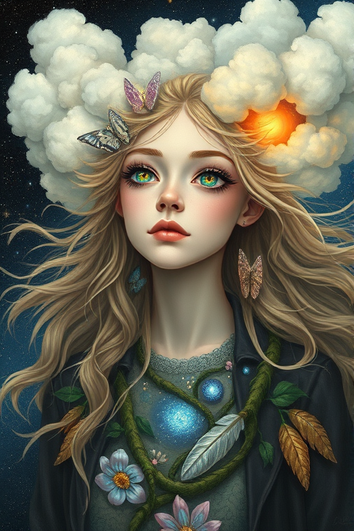 Create a series of imaginative portraits where each subject is infused with elements of fantasy and nature. The hair of the individuals should flow like clouds, varying from soft, fluffy cumulus to wispy cirrus strands, with hints of color reflecting a sunset or a clear blue sky. The eyes should be windows to entire galaxies, with stars, nebulae, and distant planets visible within them. Clothing should be adorned with nature motifs, such as floral patterns that bloom and change, vines that seem to grow and wrap around, or feathers that shimmer with iridescence. Each portrait should capture a unique personality, blending human features with the ethereal beauty of the natural and cosmic world. The backgrounds can vary, from starry night skies to enchanted forests, adding depth and context to the magical realism of the portraits