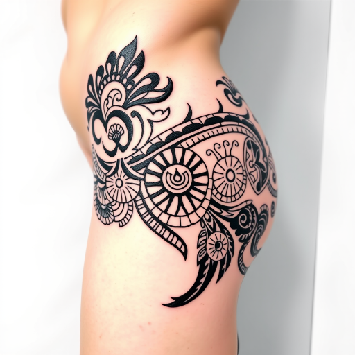 Elaborate Polynesian tribal tattoo extending from hip to ankle, showcasing intricate cultural patterns and symbols in bold black ink with negative space