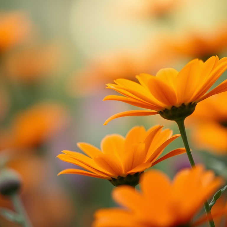 close-up of vibrant orange and yellow flowers in soft focus, shallow depth of field, f/2.8 aperture, 50mm lens, ISO 100, natural light, camera type DSLR, macro photography style