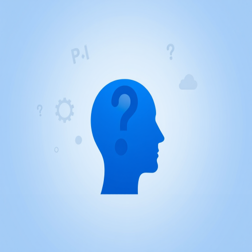 Create a minimalist graphic design featuring a blue silhouette of a head with a question mark above, symbolizing thought and inquiry, using a digital art style, shot with a high-resolution digital camera at f/2.8 aperture, ISO 100, and a wide-angle lens to enhance clarity and vibrancy.