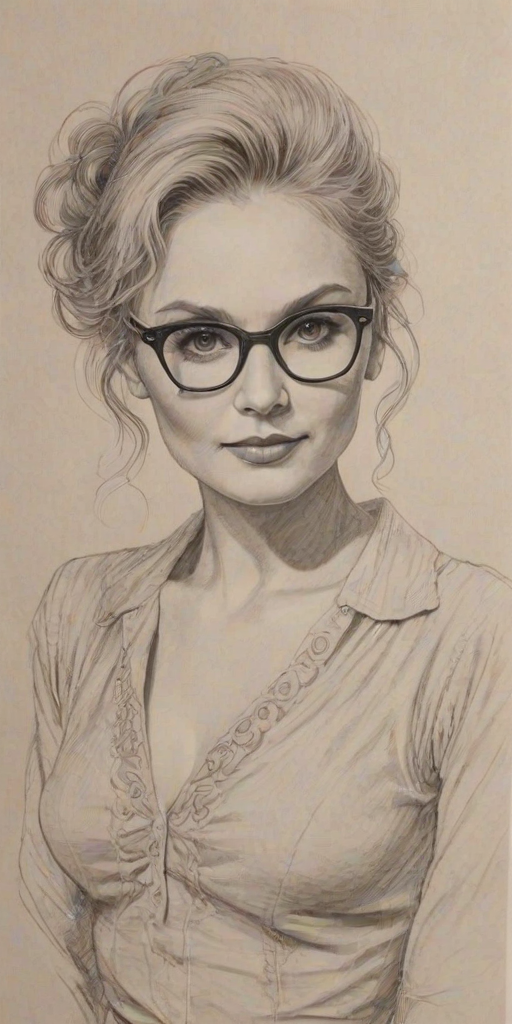 Fetching Clare Bowen, pencil sketch, portrait of Exquisite woman 1972s in glasses, hair style beatnik, outline, clear lines, fine lines, 8k