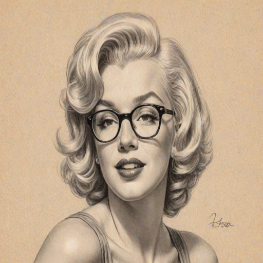 Delightful Marilyn Monroe, pencil sketch, portrait of Gorgeous woman 1930s in glasses, hair style beatnik, outline, clear lines, fine lines, 8k