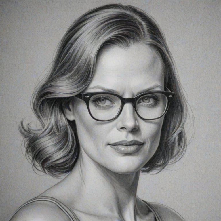 Stunning Vinessa Shaw, pencil sketch, portrait of Resplendent woman 1951s in glasses, hair style beatnik, outline, clear lines, fine lines, 8k