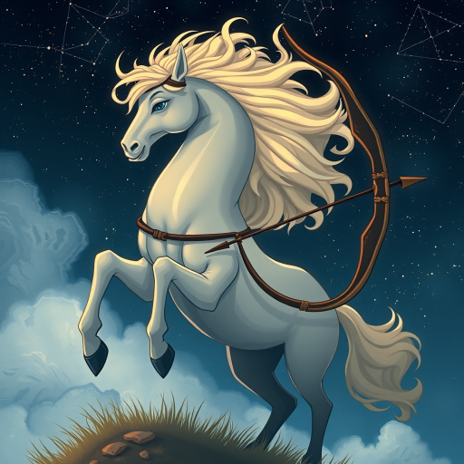 Create an illustration of a mythical centaur archer with a flowing mane, set against a starry night sky with constellations, use a Canon EOS R5 with a 50mm f/1.2 lens, aperture set to f/2.8, ISO 100, and a soft focus background to enhance depth of field.