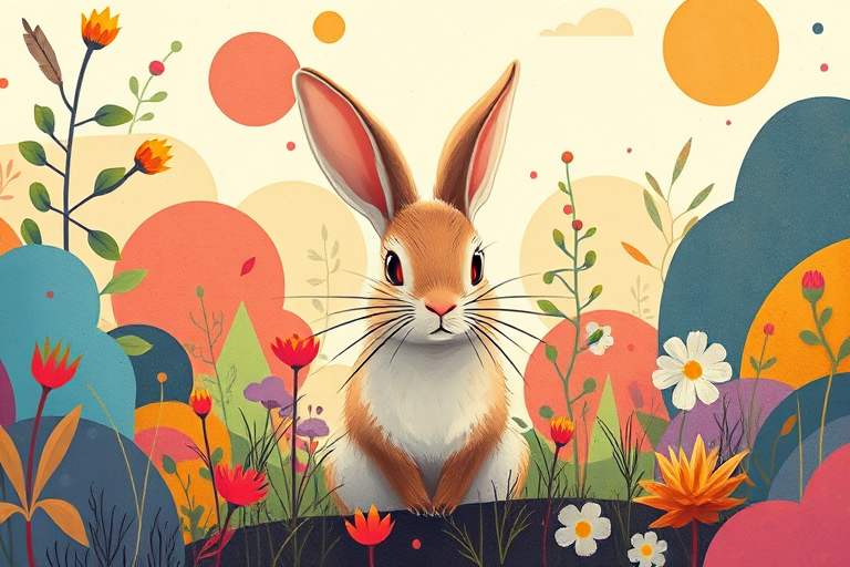 Create a vibrant illustration of a rabbit in a whimsical landscape with plants and abstract shapes, capturing a playful and colorful atmosphere, shot with a DSLR camera at f/2.8, ISO 100, 50mm lens, focusing on sharp details and rich colors, in a warm afternoon light.
