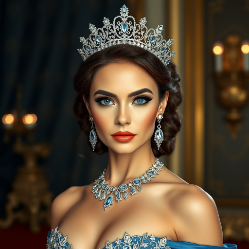 A gorgeous woman in a luxurious blue gown, accessorized with a dazzling tiara and statement earrings, her deep blue eyes highlighted by impeccable makeup, poised in a royal setting, photorealistic, 8K quality