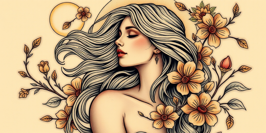 Art Nouveau-inspired tattoo named "Moonlit Serenade" depicting an elegant woman with flowing hair surrounded by whimsical flora and fauna, incorporating sinuous lines and muted color palette