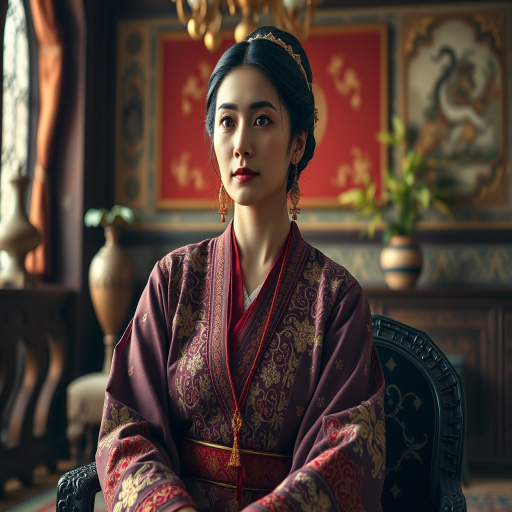 A beautiful Sephardic woman in traditional East Asian attire, intricately detailed with embroidered patterns, sitting gracefully in a richly decorated room, soft ambient lighting, serene and elegant, ultra-realistic, 8K resolution