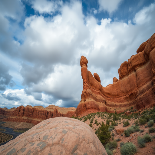 landscape of a unique rock formation with cloudy sky in the background, captured with a DSLR camera, 24mm lens, f/8 aperture, ISO 200, shutter speed 1/200s, natural lighting, shot from a low angle to emphasize height and detail