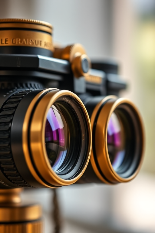 High-resolution close-up of a vintage black and gold binoculars, f/2.8 aperture, 85mm lens, ISO 100, natural light, shallow depth of field, soft focus background, captured with a full-frame DSLR.