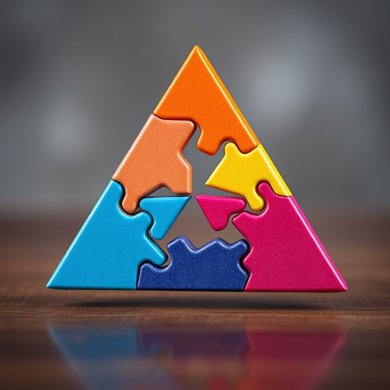 Create a high-resolution image of a colorful tangram puzzle shaped like a triangle, featuring vibrant colors in each segment, with a soft focus background, taken with a DSLR camera at f/2.8, ISO 100, and a focal length of 50mm.