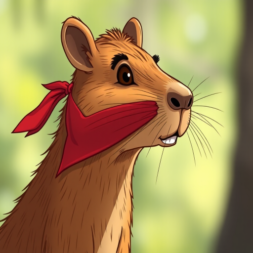 Create a cartoon-style illustration of a capybara wearing a red bandana, using a soft focus lens with a shallow depth of field to enhance the subject, shot in natural light at a focal length of 50mm.