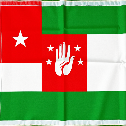 Create a high-resolution image of a flag featuring a red section with a white hand and five stars, alongside alternating green and white horizontal stripes, captured with a DSLR camera, aperture f/8, ISO 100, 50mm lens, top-down view, using a flat lay photography style.
