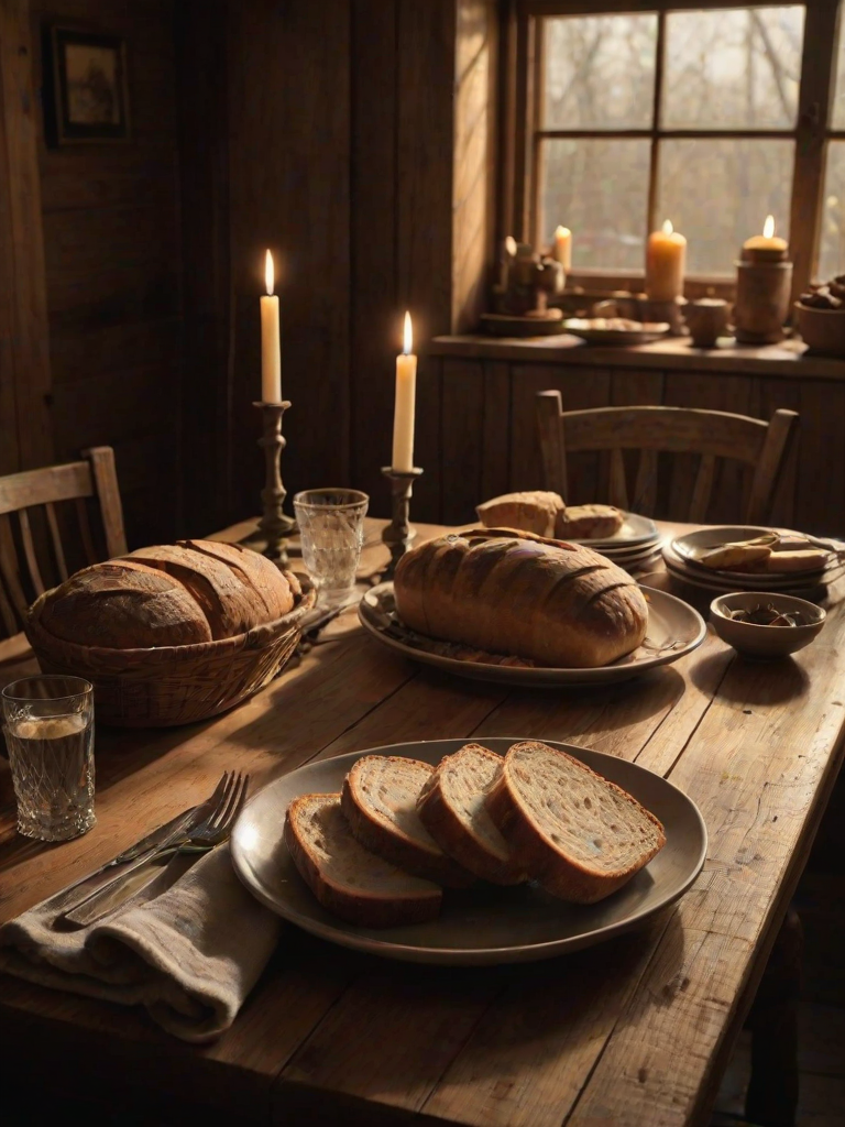 Warmly lit photo of a rustic dining room set for dinner, with soft candlelight reflecting off the tableware, and a loaf of freshly baked bread resting on a wooden cutting board.
