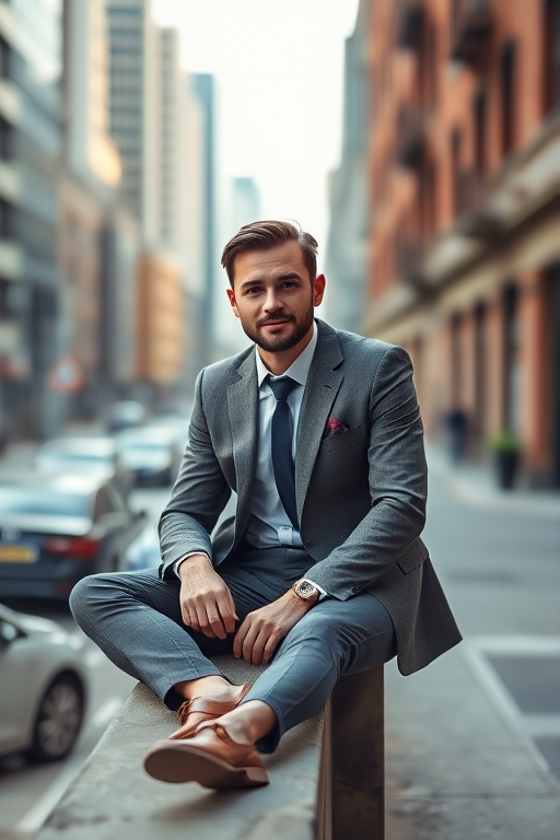 portrait of a well-dressed man sitting on a concrete ledge in an urban environment, natural soft lighting, aperture f/2.8, shutter speed 1/200s, ISO 100, 85mm lens, DSLR camera, shallow depth of field for background blur