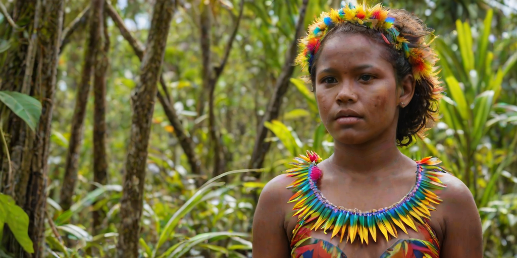 A beautiful Melanesian girl, wearing colorful bird clothing with vibrant colors