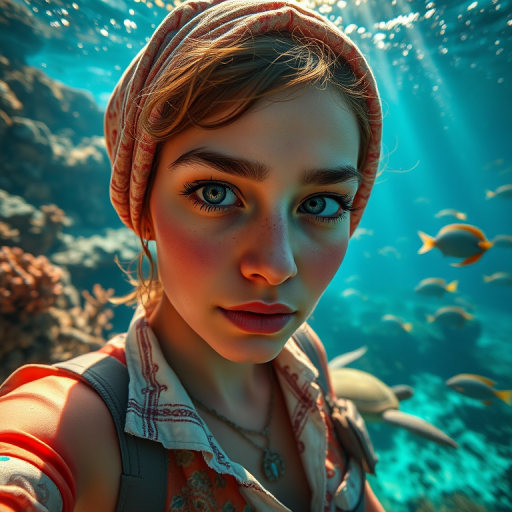 Realistic selfie image of a Mizrahi, wearing a vintage outfit, detailed dreamy eyes, droopy hooded eyes, staring at the camera, taken underwater at coral reef with a sunbeam filtering through the water, vibrant, summer vacation, natural lighting, turtle and school of tropical fish with vibrant colors, rendered in the style of CryEngine, Pegi Nicol MacLeod, with realistic genre scenes, hauntingly beautiful narratives, ultra-realism, and Thomas Saliot's close-up technique, 8K resolution, crystal clear and sparkling water.
