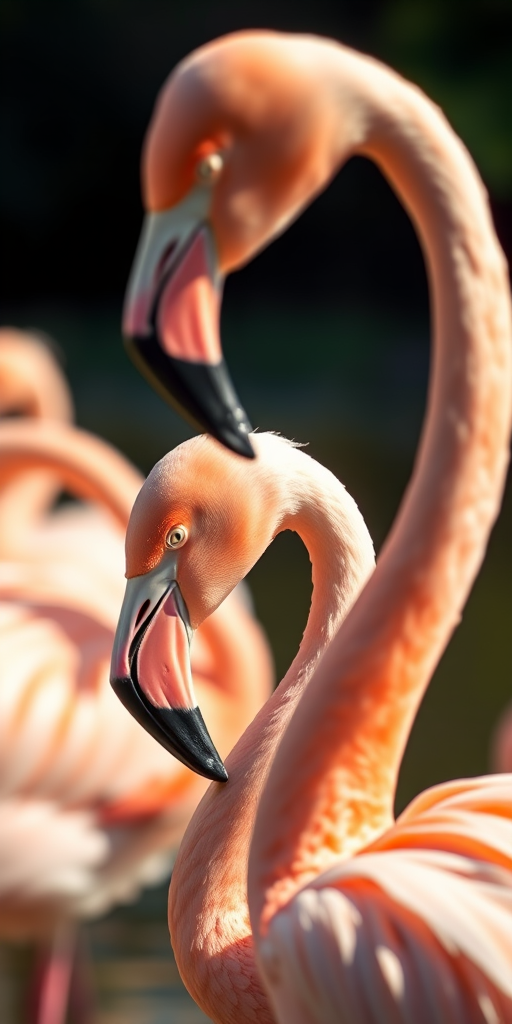 flamingos preening in soft natural light, shallow depth of field, close-up view, Canon EOS R5, f/2.8, ISO 200, 1/200s