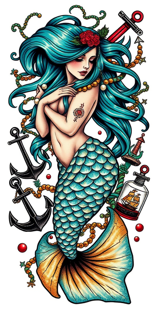 Neo-traditional tattoo titled "Sailor's Lament" portraying a striking mermaid with flowing teal hair intertwined with seaweed and pearls, her scales shimmering in shades of turquoise and gold, surrounded by bold nautical elements like anchors, compasses, and ships in bottles, all rendered in rich, saturated colors with thick black outlines