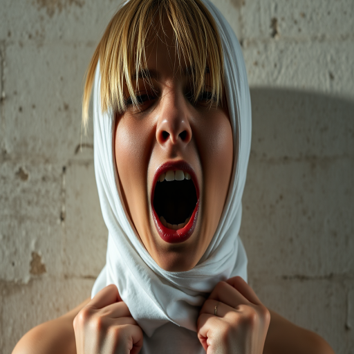 Create a close-up photographic image of the head and torso of a person with light skin tones shown against an old, worn wall. Their head is wrapped in a white cloth covering (i.e.... parts of the head except the nose and mouth, which are open as if they are screaming...), with a slight texture and visible folds in the fabric. Thin strands of blonde hair escape from the wrapping above, falling lightly at the top and sides. Their hands hold the fabric as if they are tugging nervously. The lighting is dramatic and even, casting strong shadows. The image has a minimalist and surreal style with an emphasis on simplicity with soft color tones. The composition is centered.