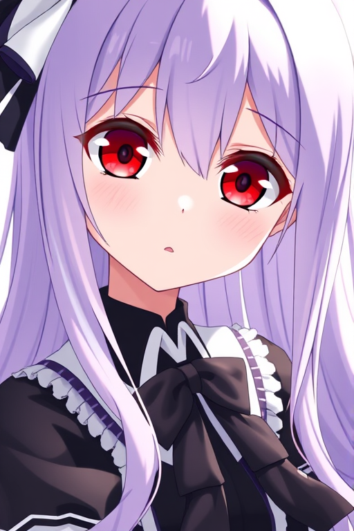 anime girl with long lavender hair and red eyes wearing a black and white outfit with a bow, close-up view, soft focus, 50mm lens, f/1.8 aperture, ISO 100, bright lighting, high-resolution digital illustration