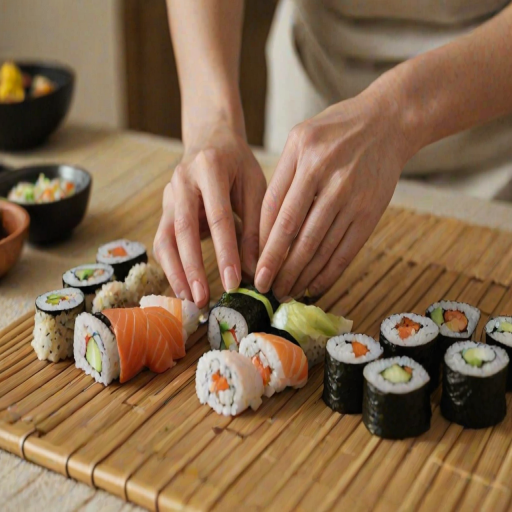 Close-up of a woman's hands preparing sushi, with fresh ingredients laid out on a bamboo mat, her focus evident as she skillfully rolls the sushi.