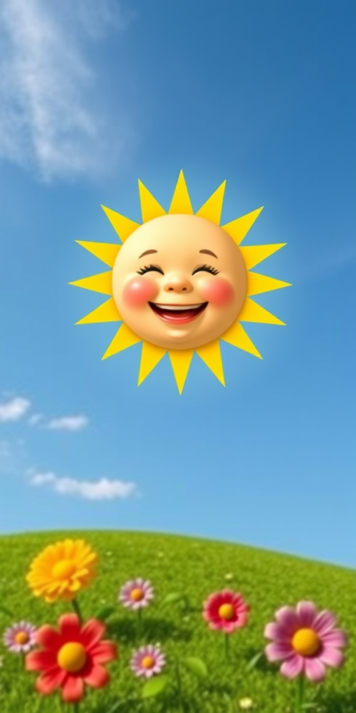 Create an image shows a bright, sun with a smiling baby's face in the center, radiating soft yellow rays. The sun is set against a clear blue sky with a few wispy clouds. Below, there's a lush green grassy hill with colorful, oversized flowers, giving the scene a whimsical, playful atmosphere.