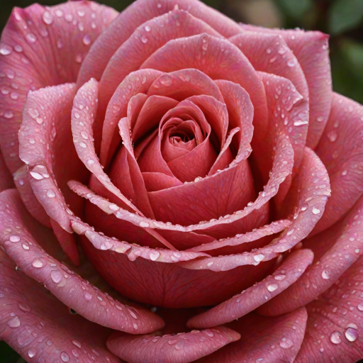 Create an image of a single rose with dew drops on its petals. The rose should be in full bloom and the background should be blurred with a hint of greenery. The rose should be captured from a side angle, showcasing its vibrant color and intricate petal structure.