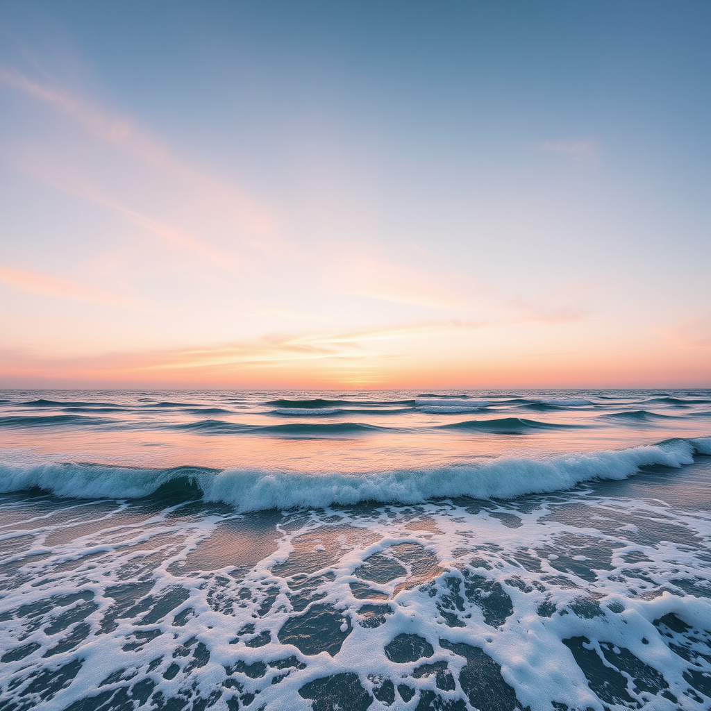 serene ocean landscape at sunrise with gentle waves, soft pastel colors in the sky, ISO 100, f/8 aperture, 1/60 sec shutter speed, wide-angle lens, DSLR camera, panoramic view