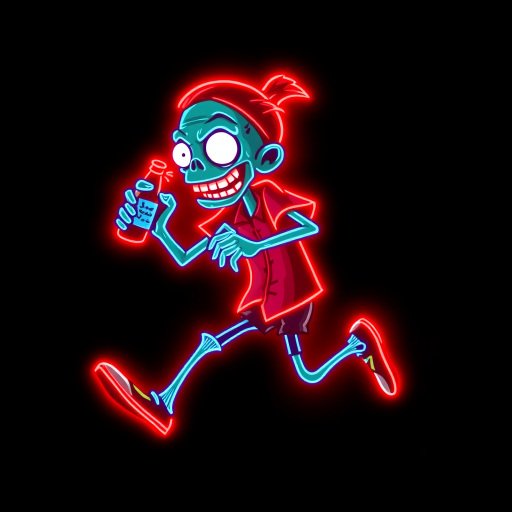 Create an image of a neon sign featuring a cartoon-style zombie in a dynamic pose, holding a bottle. The neon sign should glow in red against a dark background, making the character stand out prominently. The character should appear to be running, capturing attention with its vibrant color and action pose, perfect for advertising or decorative purposes.