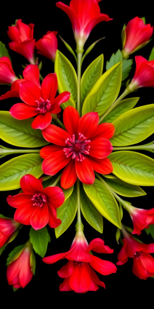 create a vibrant floral pattern with symmetrical red flowers and green leaves on a black background, camera settings: f/5.6 aperture, ISO 100, shutter speed 1/125, camera view: close-up, camera style: macro photography, camera type: DSLR