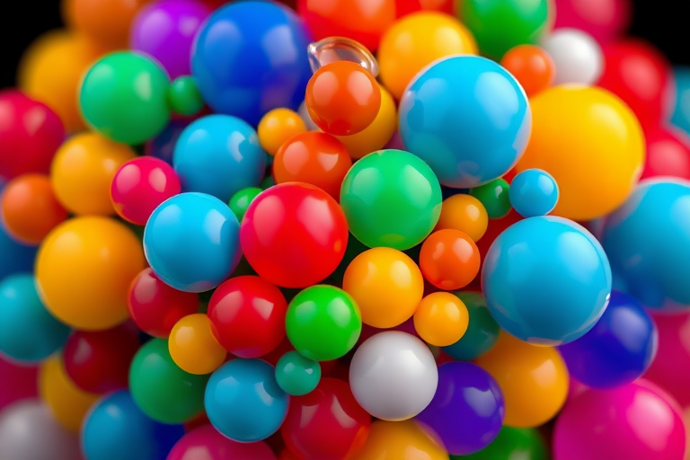 Generate a colorful abstract illustration of overlapping spheres in various sizes and colors forming a thumbs up shape, captured with a Canon EOS 5D Mark IV at f/8, ISO 100, 1/100s, using a macro lens for enhanced detail and sharpness.
