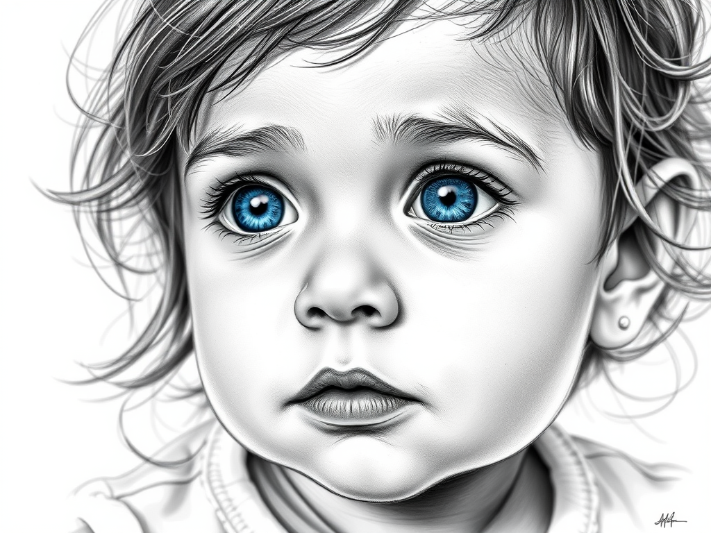 A hyperdetailed photorealistic black and white sketch of a beautiful toddler with deep blue eyes, with a macro focus