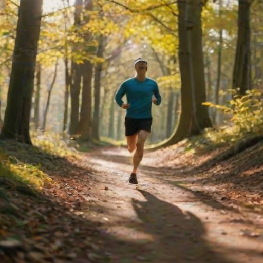 Blurry action shot of a runner jogging through a forest trail, soft focus on the movement, distant trees casting long shadows, and the sound of footsteps on leaves and the distant chirping of birds filling the air.