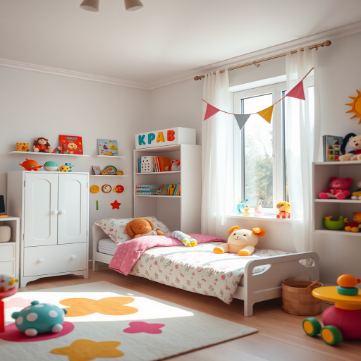 a bright and colorful children's room with white walls, a small bed with plush toys, a white cupboard, and a variety of toys displayed, natural light streaming through a window, wide-angle view, taken with a DSLR camera, aperture f/4, ISO 200, shutter speed 1/60 sec, vibrant colors and soft focus