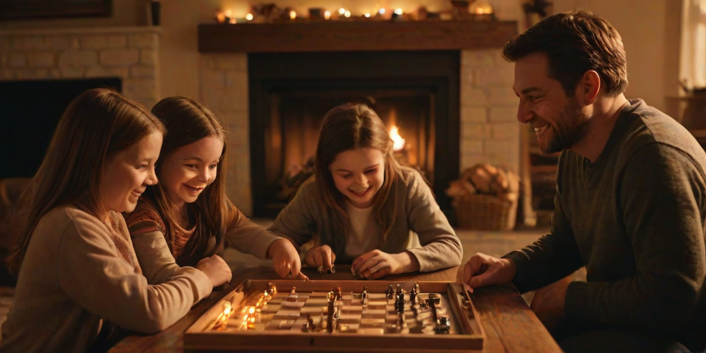 Warmly lit image of a family playing board games by a roaring fireplace, soft glow from the flames casting warm shadows, the sound of rolling dice and laughter filling the room.