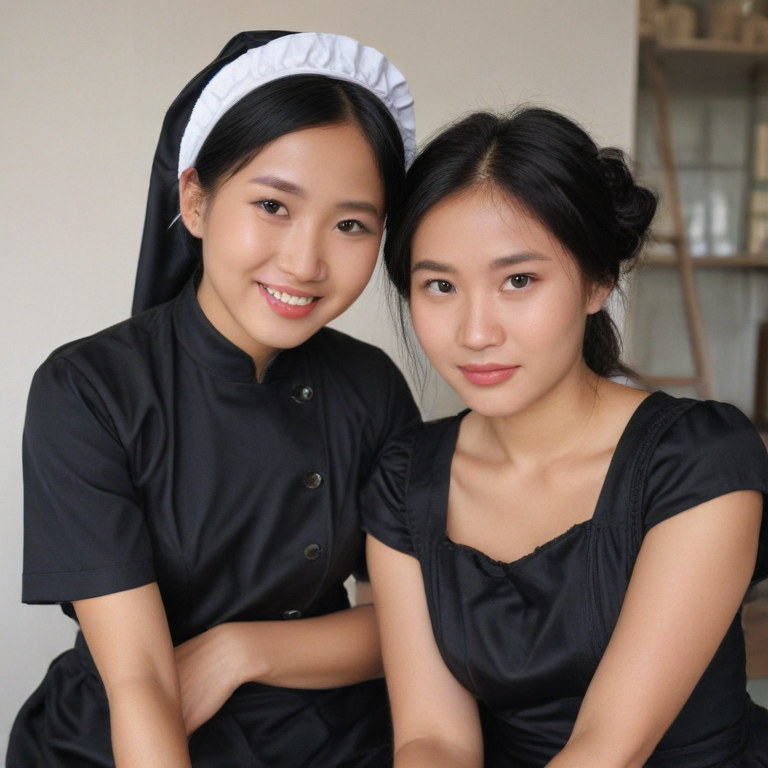 Dark skinned Fat Indonesian maid and her master Chinese women
