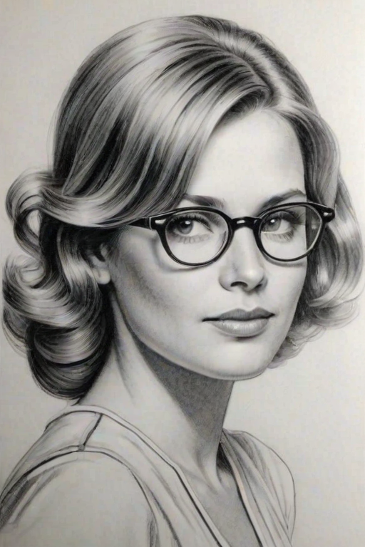 Charming Ami Dolenz, pencil sketch, portrait of Comely woman 1935s in glasses, hair style beatnik, outline, clear lines, fine lines, 8k
